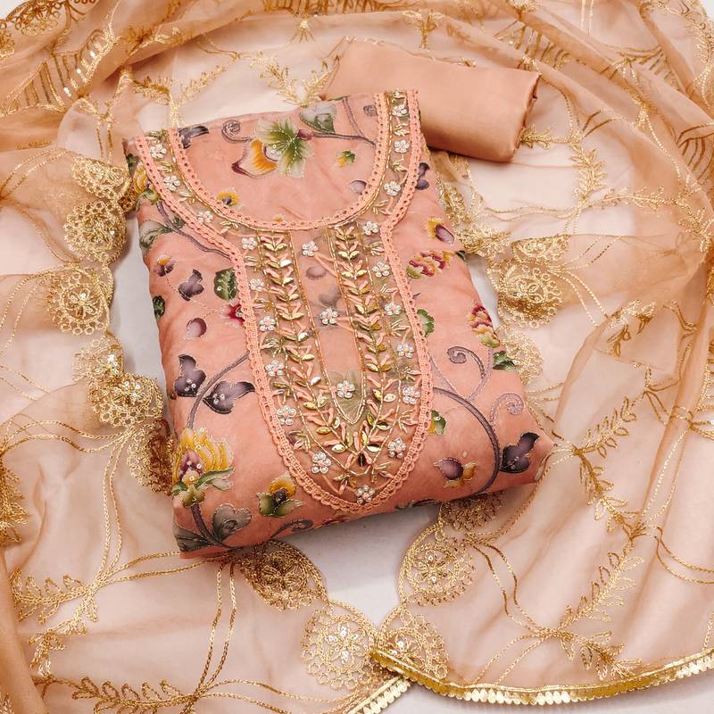 peach organza embroidered dress material