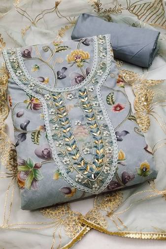 grey organza embroidered dress material