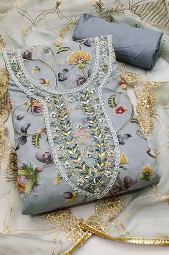 grey organza embroidered dress material