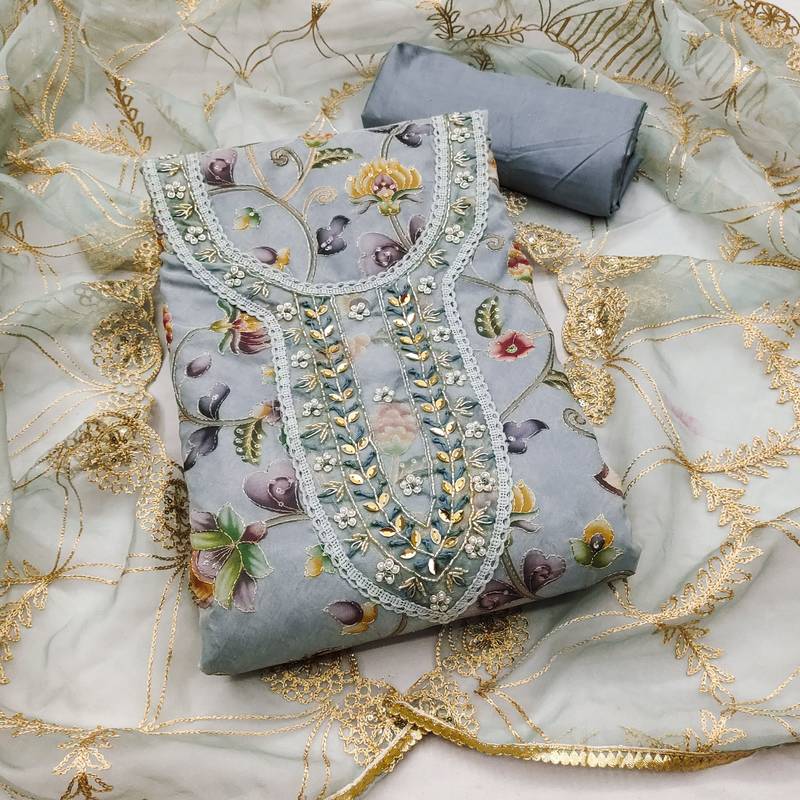 grey organza embroidered dress material