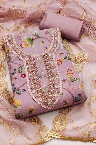 pink organza embroidered dress material