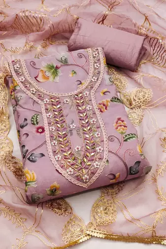 pink organza embroidered dress material