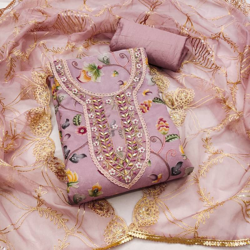 pink organza embroidered dress material