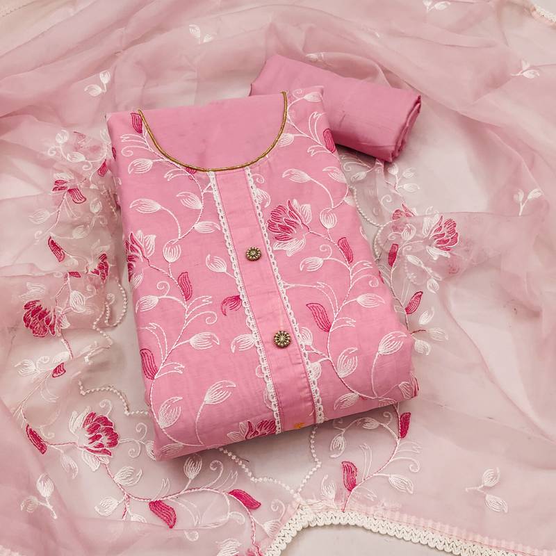 pink chanderi silk embroidered dress material