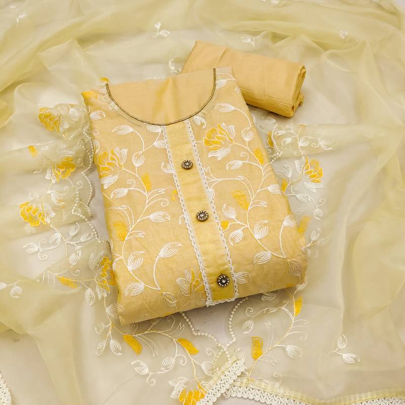 yellow chanderi silk embroidered dress material