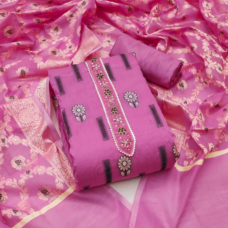 pink chanderi silk woven dress material