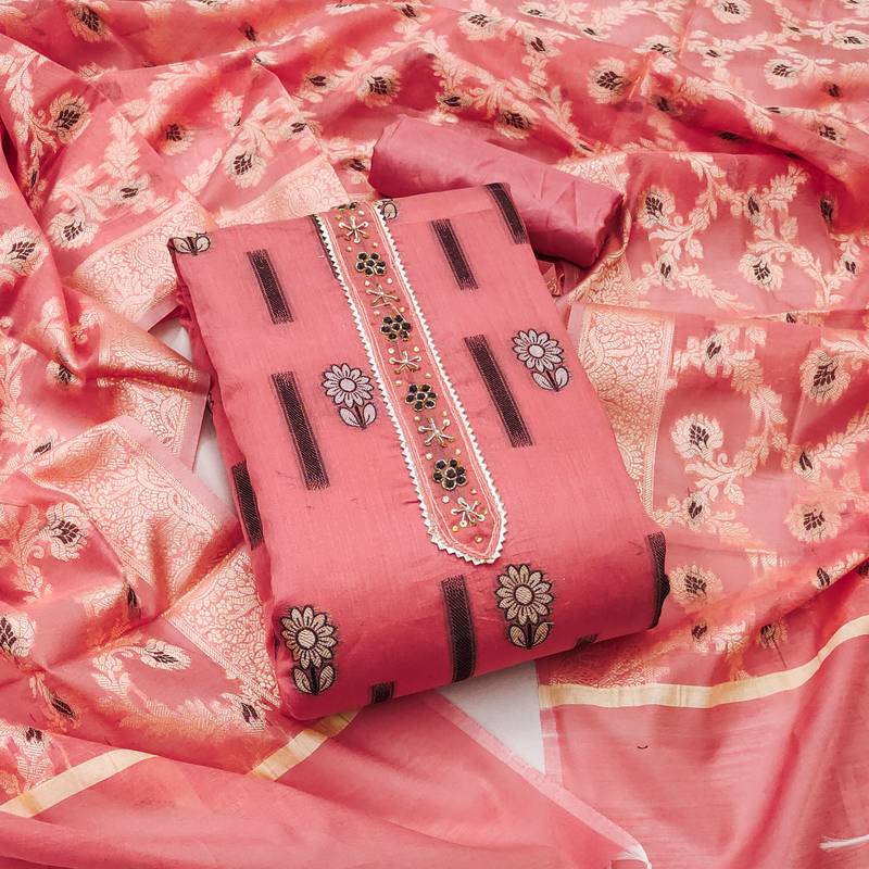 peach chanderi silk woven dress material