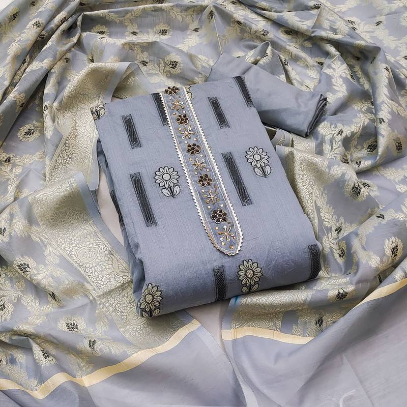 grey chanderi silk woven dress material