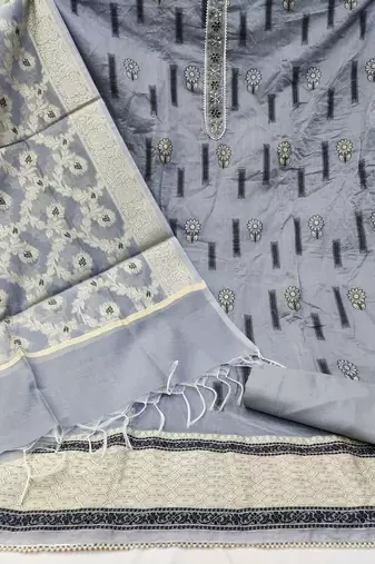 grey chanderi silk woven dress material