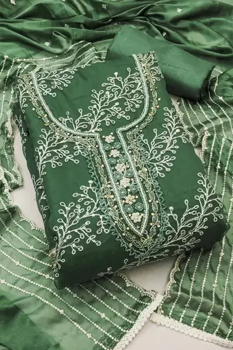 sea green organza embroidered dress material