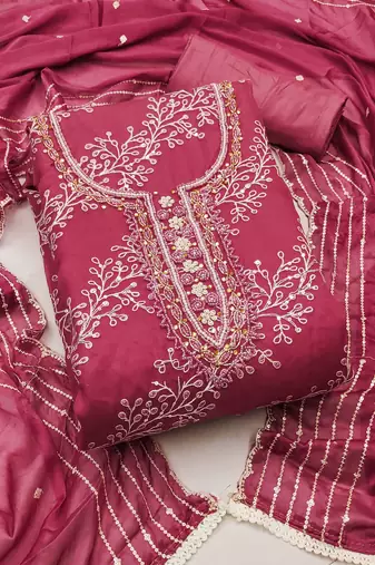 pink organza embroidered dress material