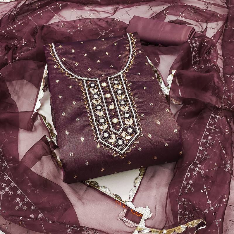 wine organza woven dress material