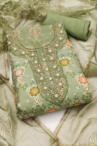 green organza embroidered dress material