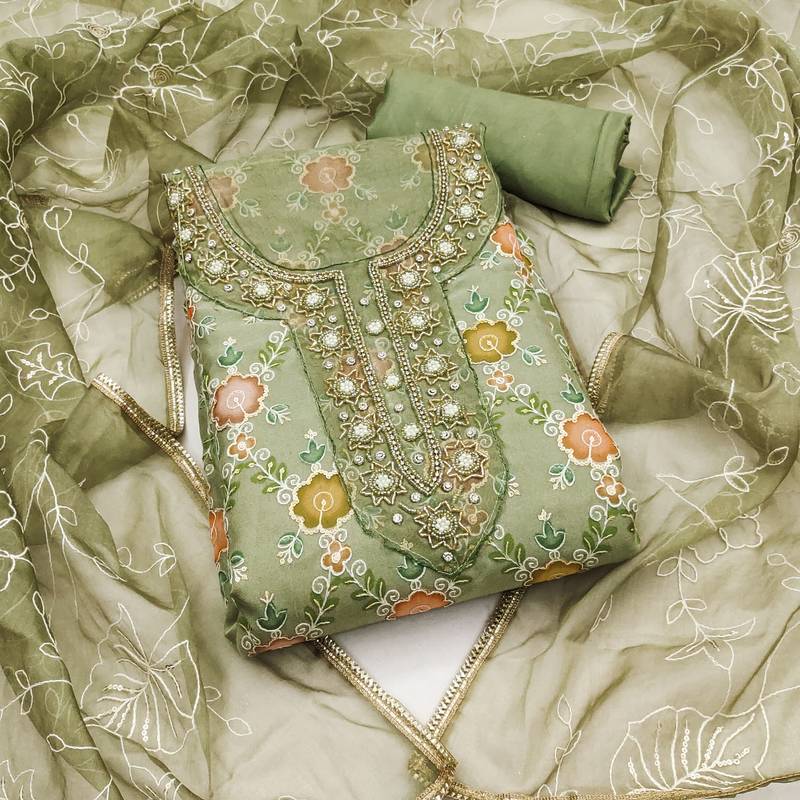 green organza embroidered dress material