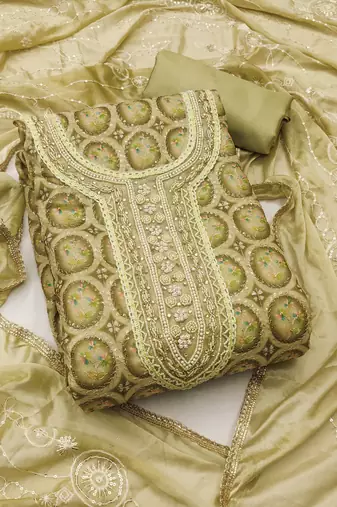 olive organza embroidered dress material