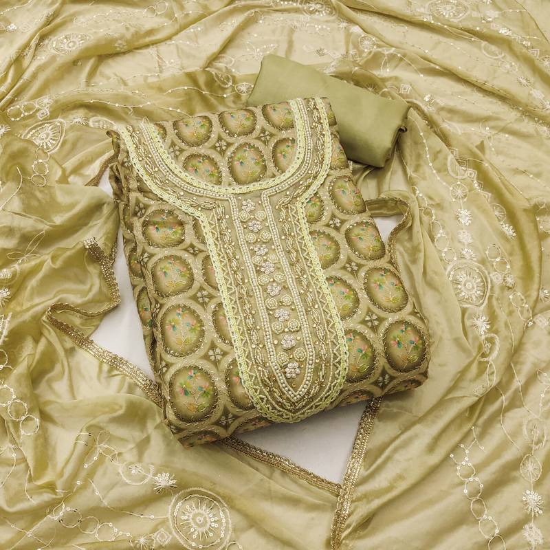 olive organza embroidered dress material