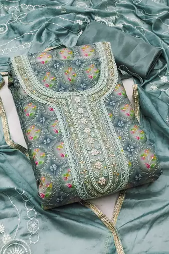 teal organza embroidered dress material
