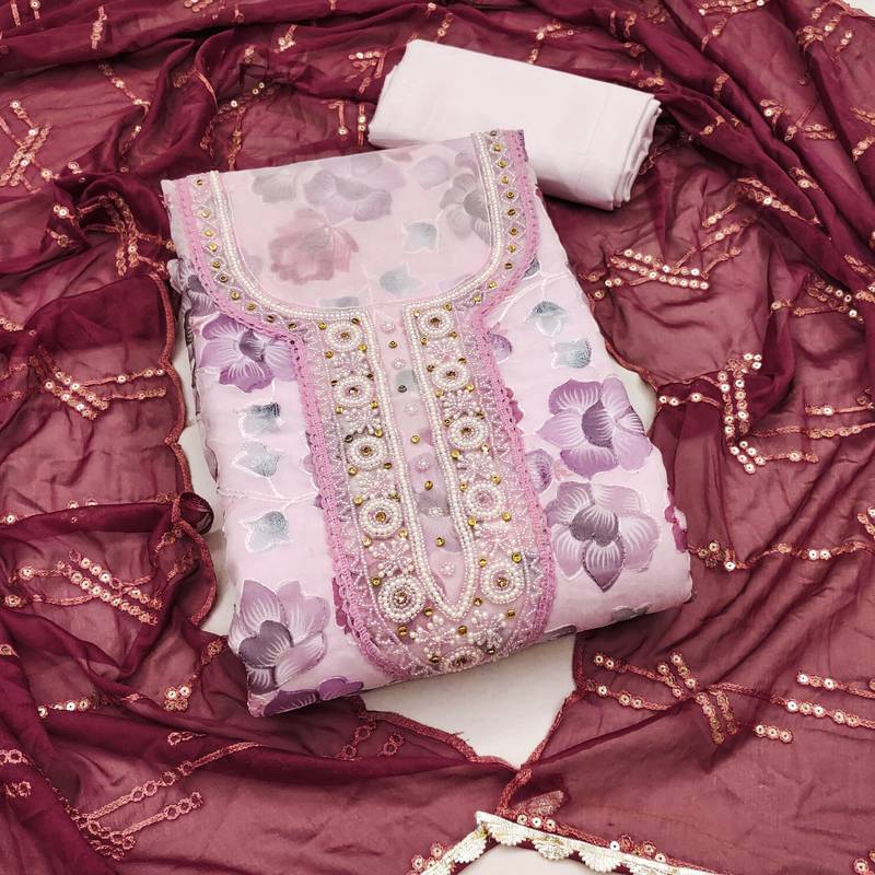 baby pink organza embroidered dress material