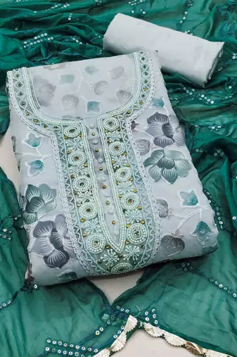 blue organza embroidered dress material