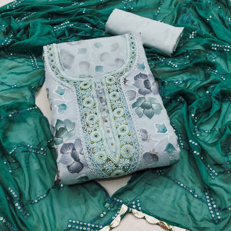 blue organza embroidered dress material