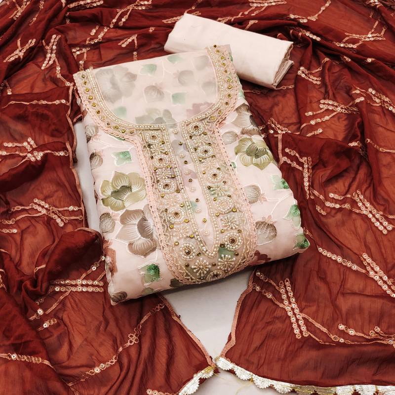 peach organza embroidered dress material