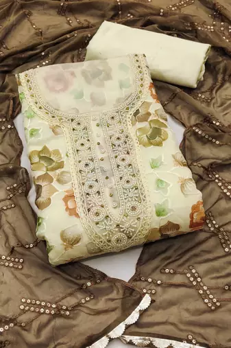 yellow organza embroidered dress material