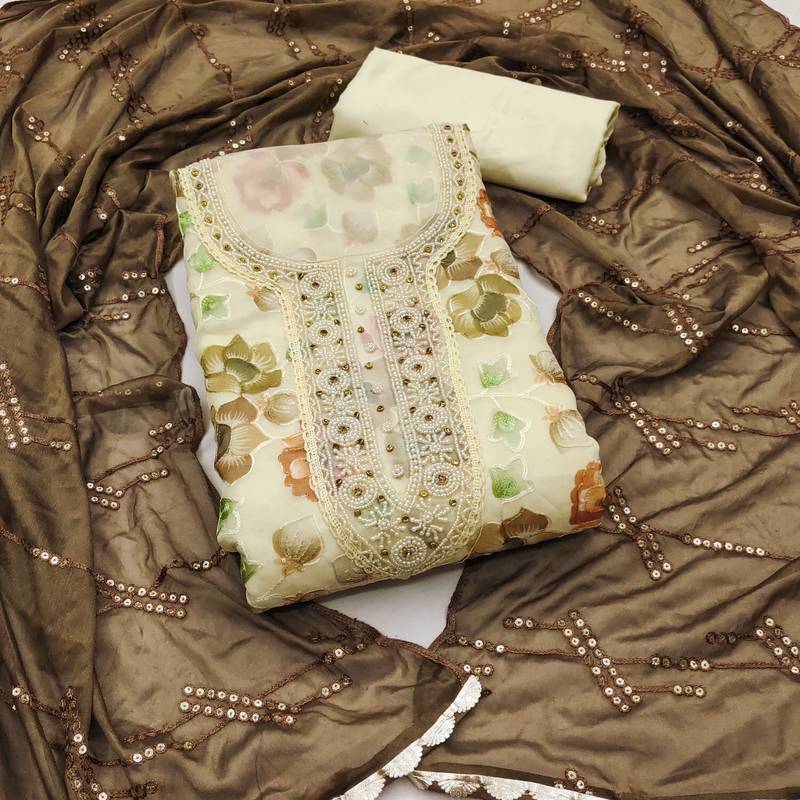 yellow organza embroidered dress material