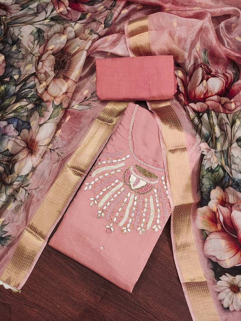 peach silk blend hand embroidery dress material