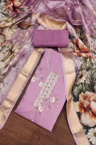 purple silk blend hand embroidery dress material