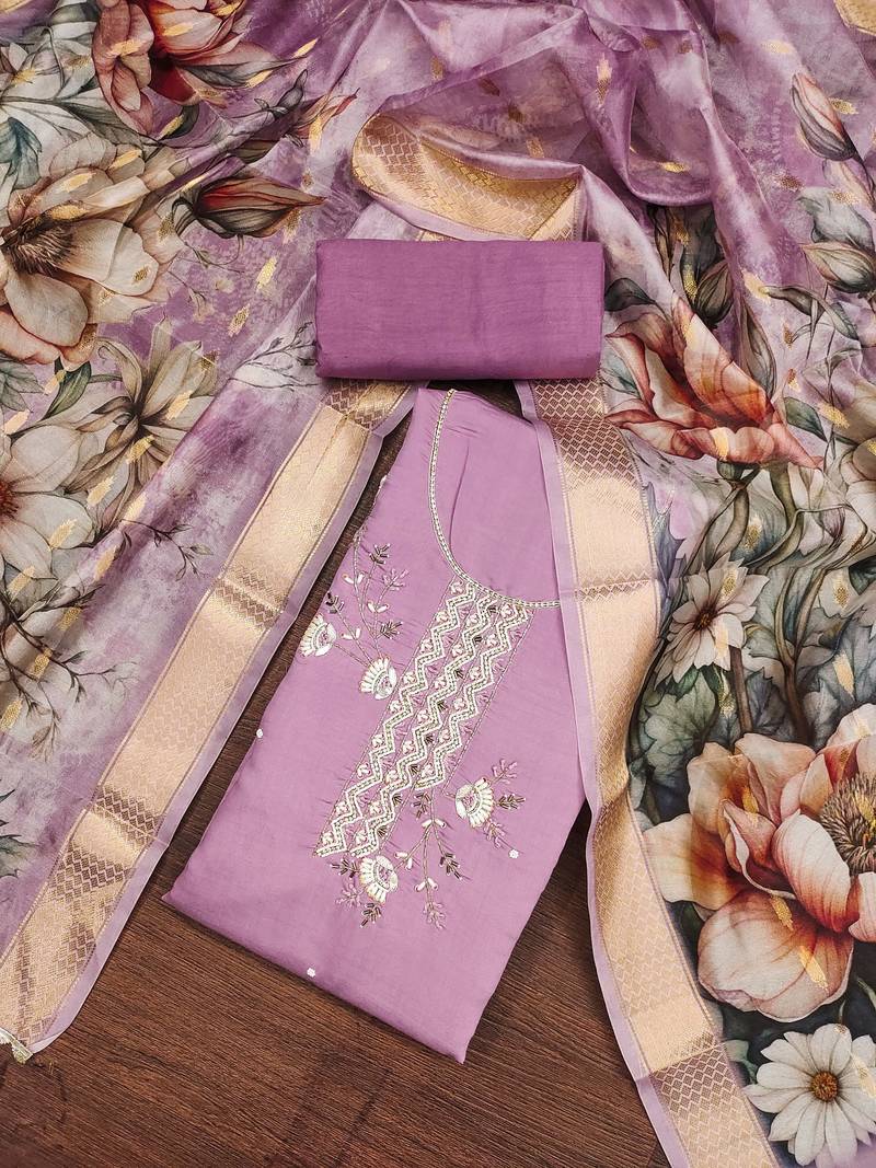 purple silk blend hand embroidery dress material