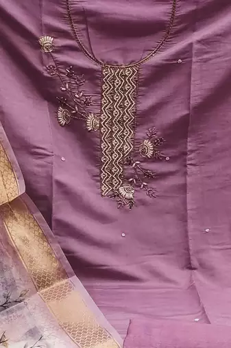 purple silk blend hand embroidery dress material