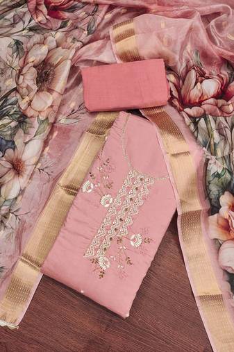 peach silk blend hand embroidery dress material