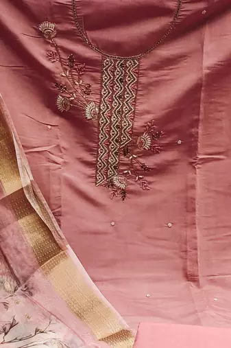 peach silk blend hand embroidery dress material