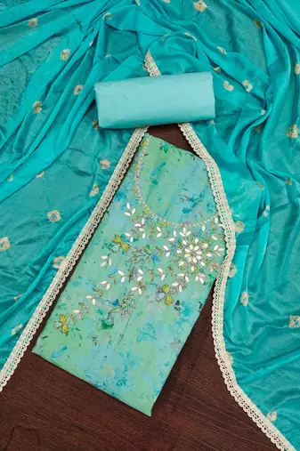 sea green cotton hand embroidery dress material