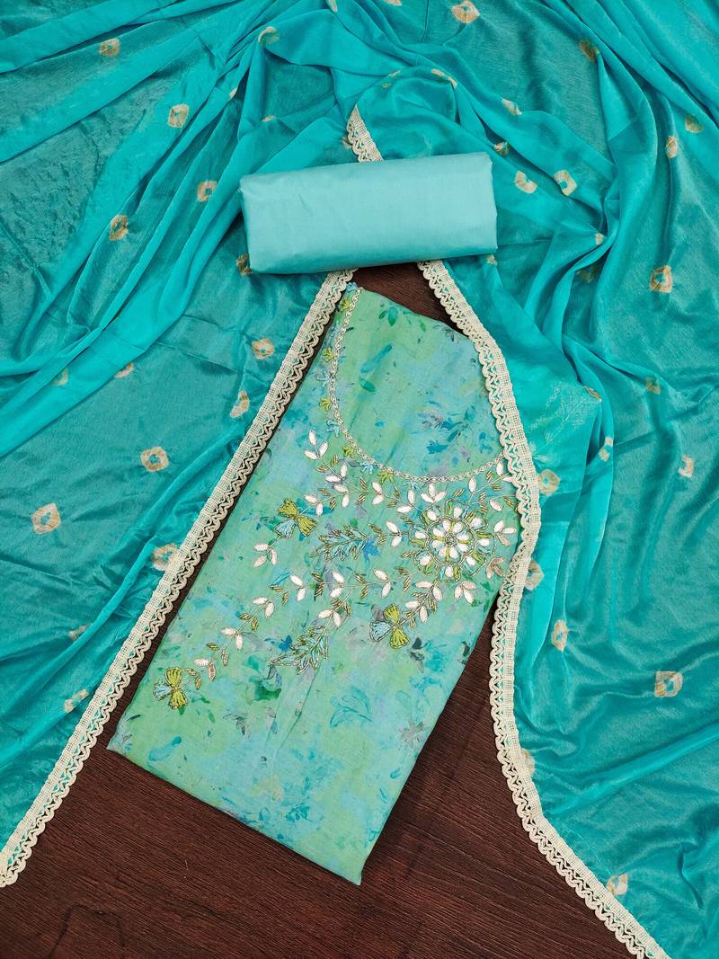 sea green cotton hand embroidery dress material