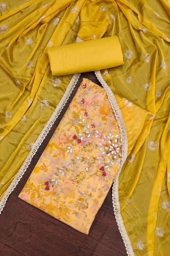 yellow cotton hand embroidery dress material