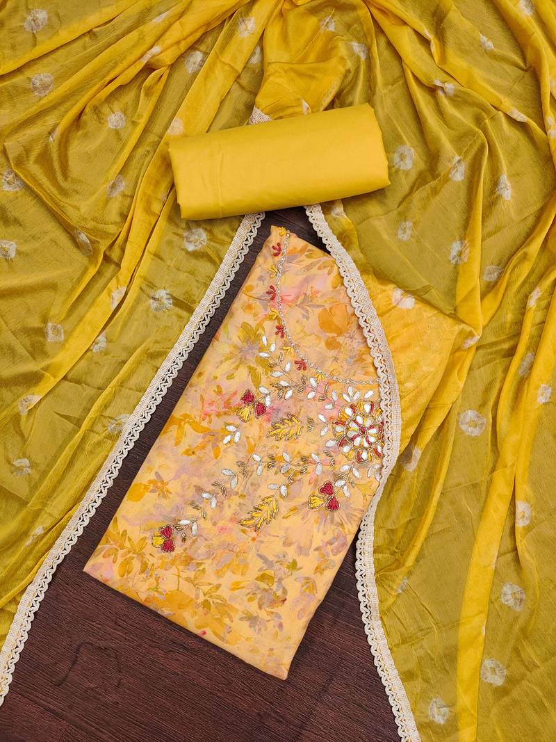 yellow cotton hand embroidery dress material