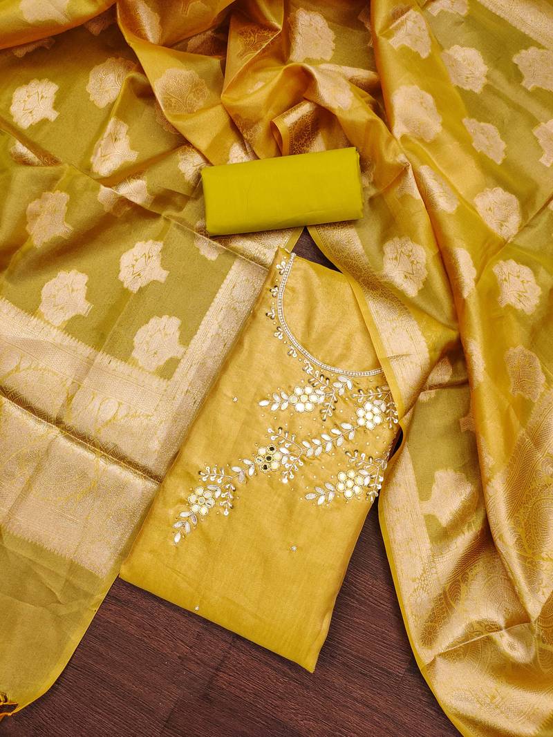 yellow viscose hand embroidery dress material