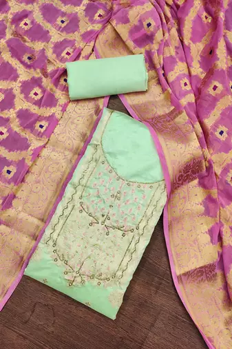 green banarasi hand embroidery dress material