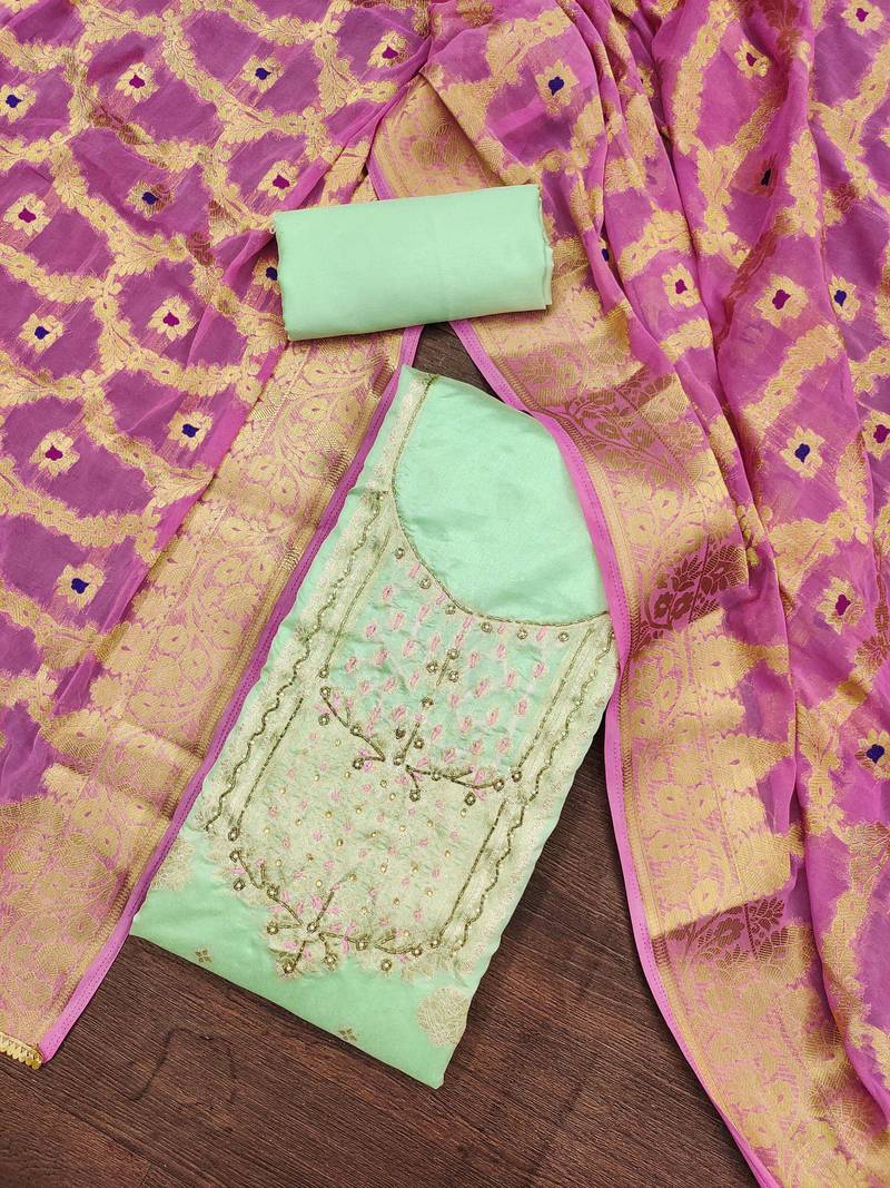 green banarasi hand embroidery dress material
