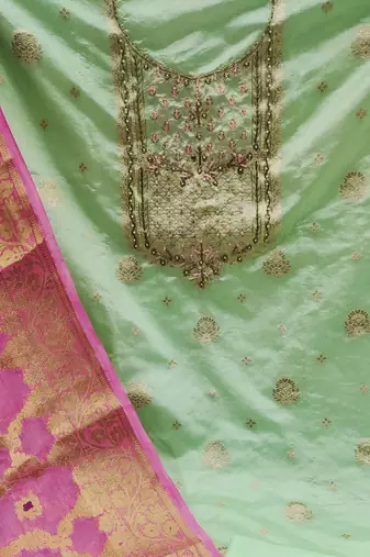 green banarasi hand embroidery dress material