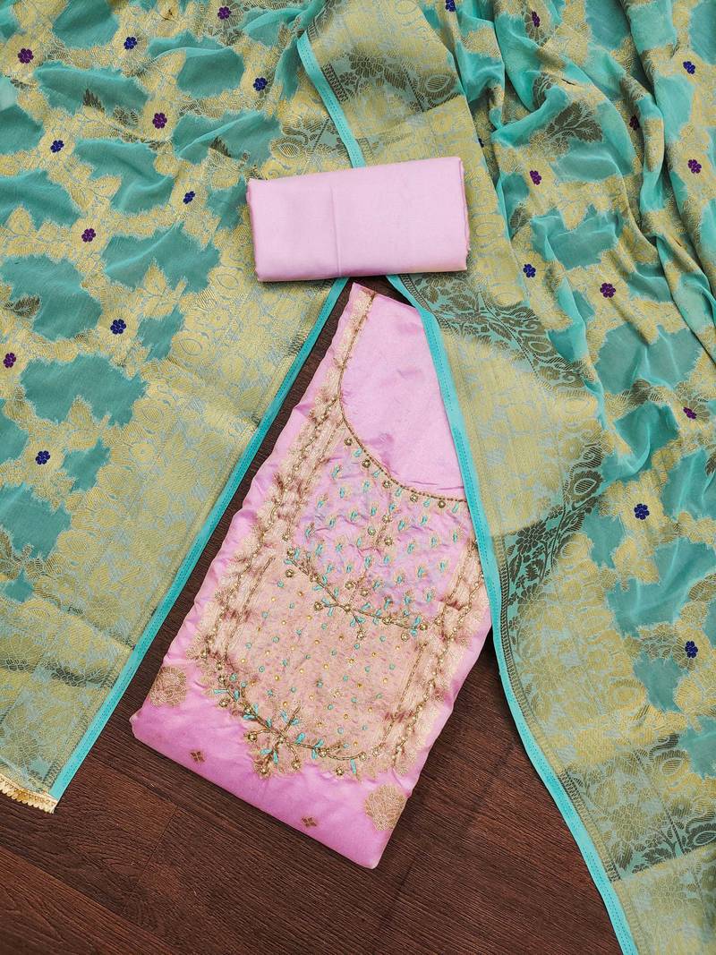 pink banarasi hand embroidery dress material