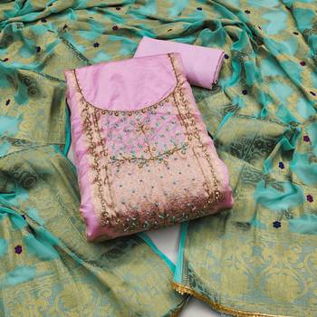 pink banarasi hand embroidery dress material 3