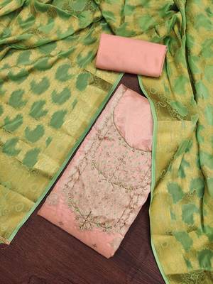 peach banarasi hand embroidery dress material 1