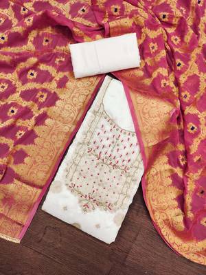 white banarasi hand embroidery dress material 1