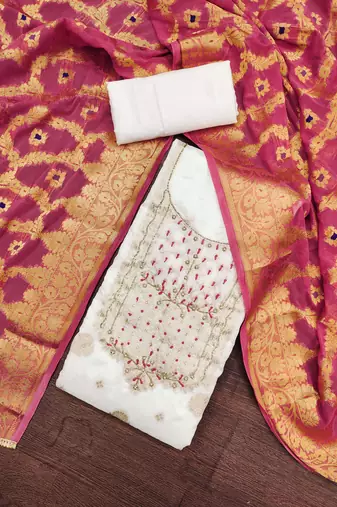 white banarasi hand embroidery dress material