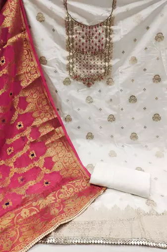 white banarasi hand embroidery dress material
