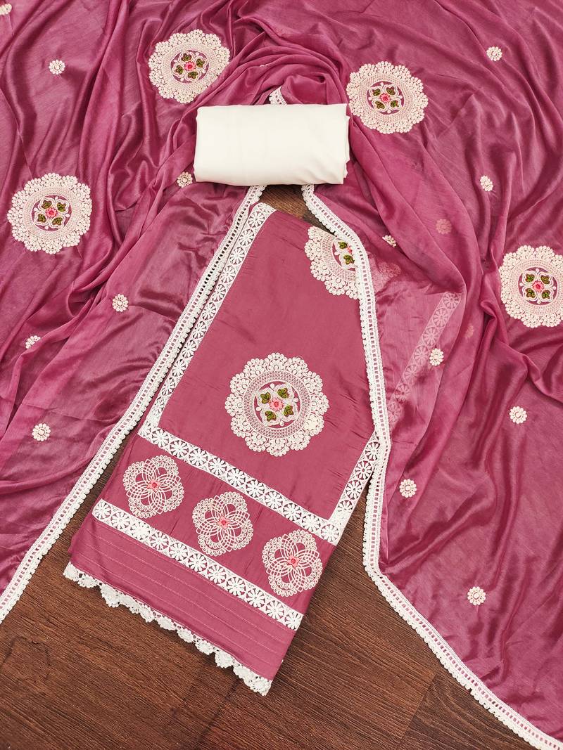pink silk blend embroidered dress material