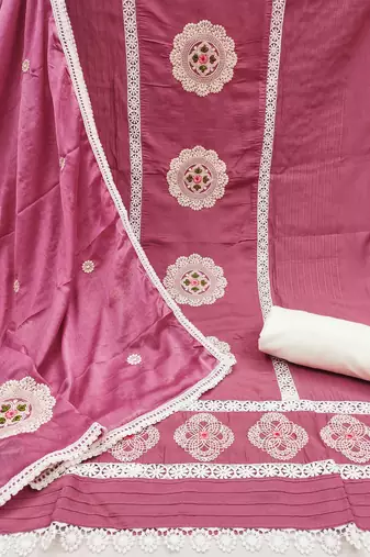 pink silk blend embroidered dress material
