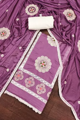 purple silk blend embroidered dress material